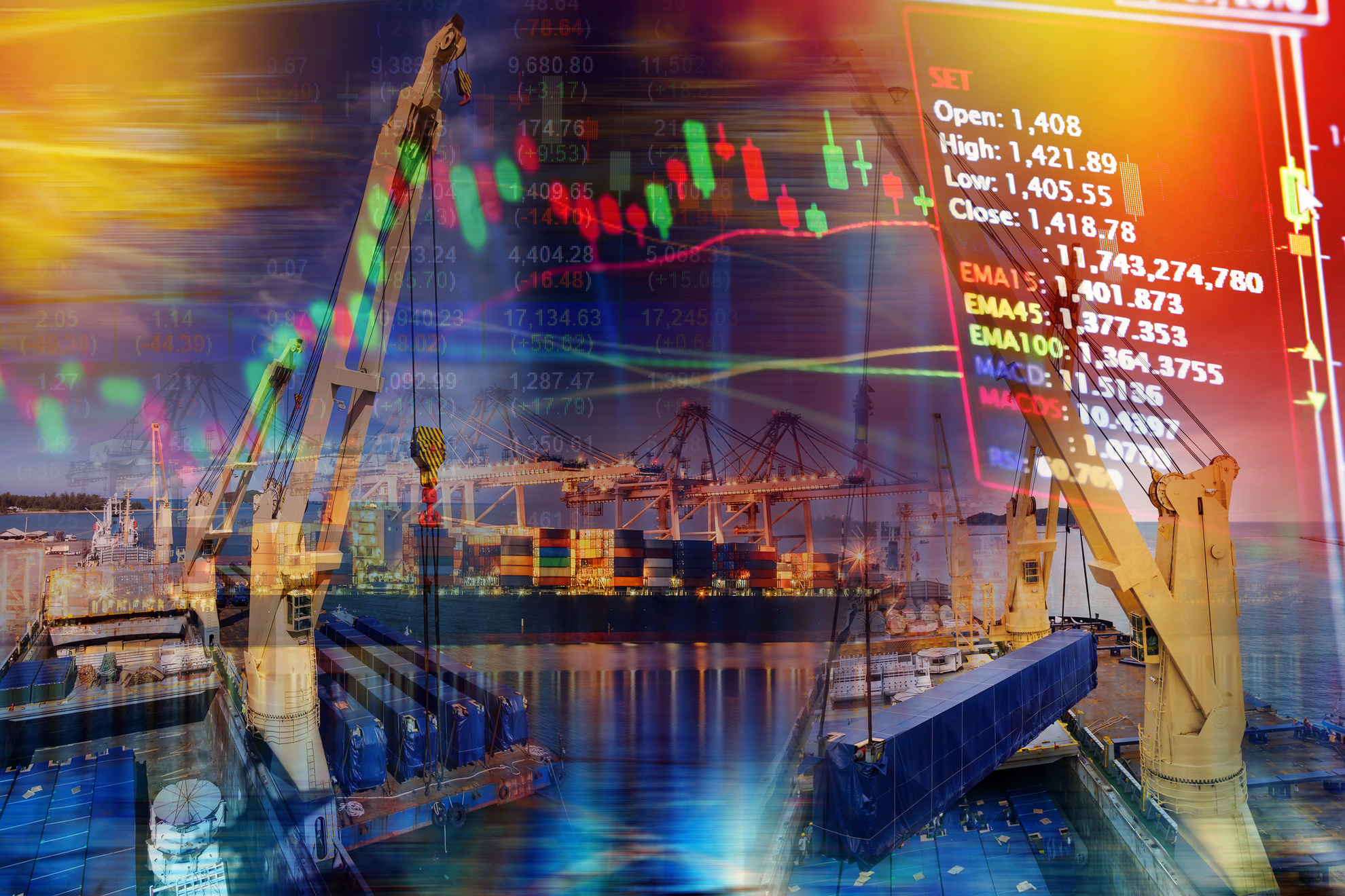 Stocks market chart concept with International Container Cargo ship